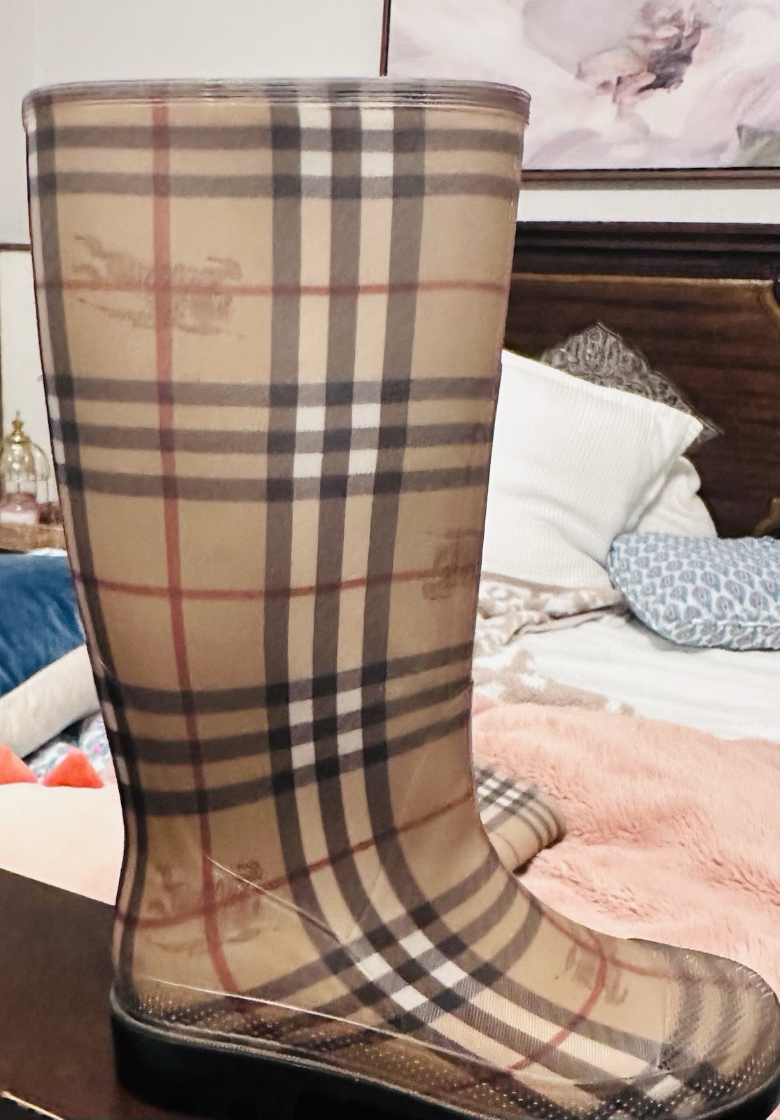 Burberry Nova Plaid Knee High Waterproof Rubber Rain Boots Women US 9