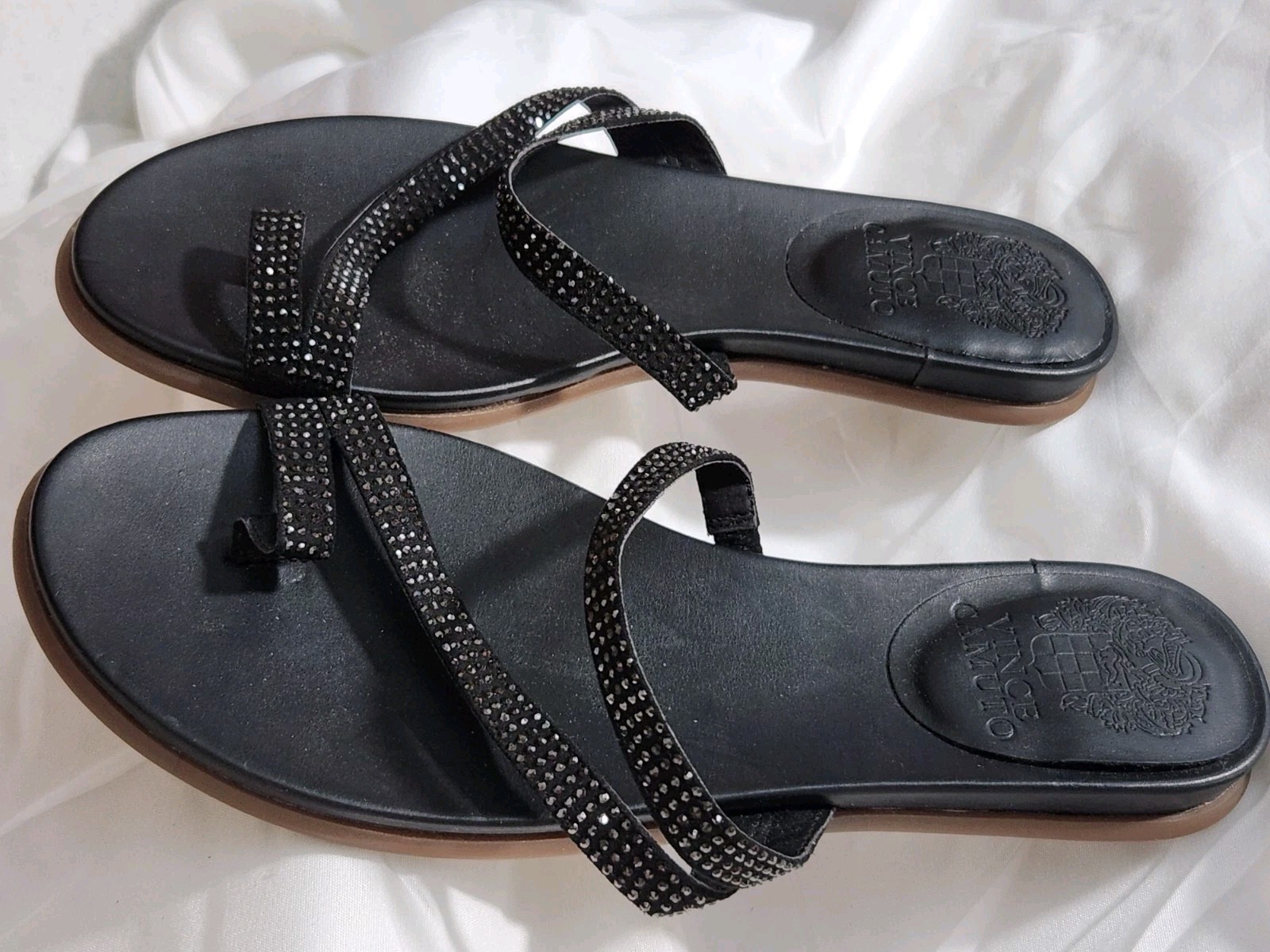 Vince Camuto Sandals Womens Black Embellished Straps Toe Slide 6