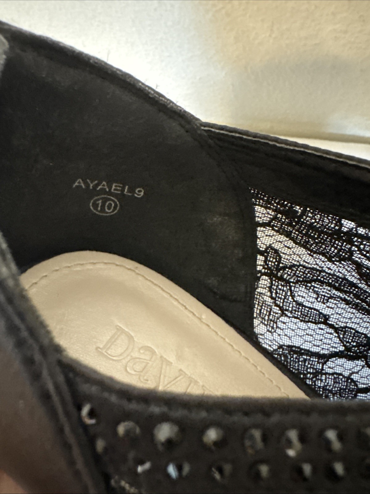 DAVID’S BRIDAL Lace High Heel Shootie with Crystals Sz 10 Black stiletto AYAEL 9