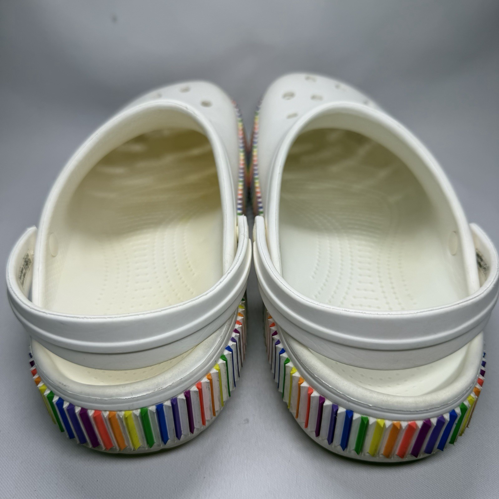 Crocs Classic Clog Shoes Womens 11 Mens 9 White Rainbow Pride Band Slip On