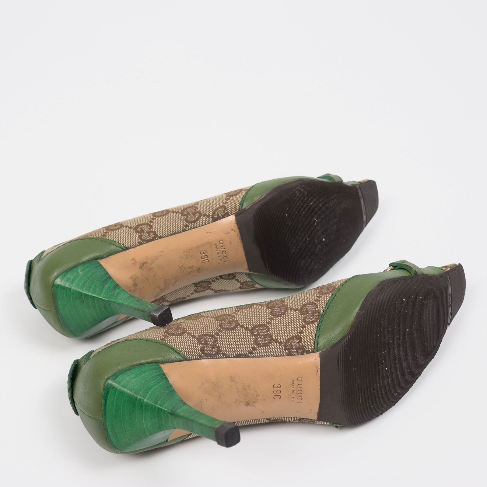 Gucci Vintage GG Monogram Canvas Green Leather Horsebit Pumps Size EU 39 / US 9
