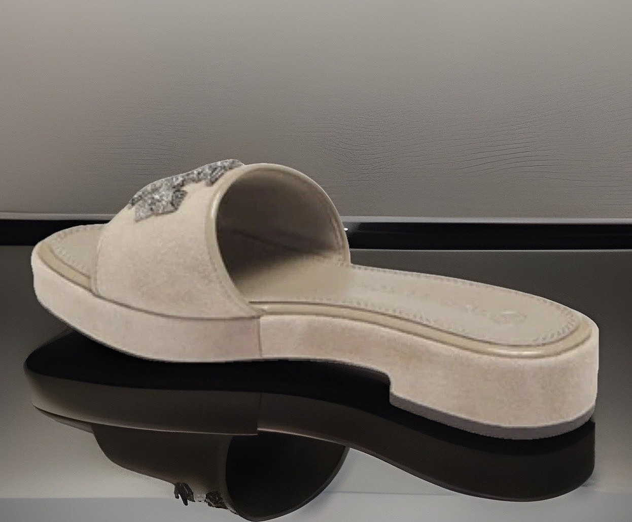 TORY BURCH ELEANOR SLIDE SANDAL CRYSTAL LOGO SUEDE GRAY HERON SZ US 8 NIB