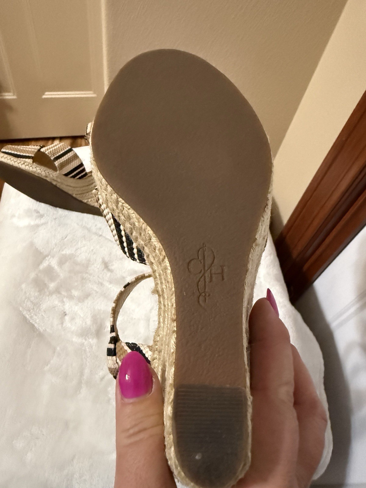 Cole Haan Striped Raffia Wedge Sandals Ankle Strap Buckle Beige Black White 9B