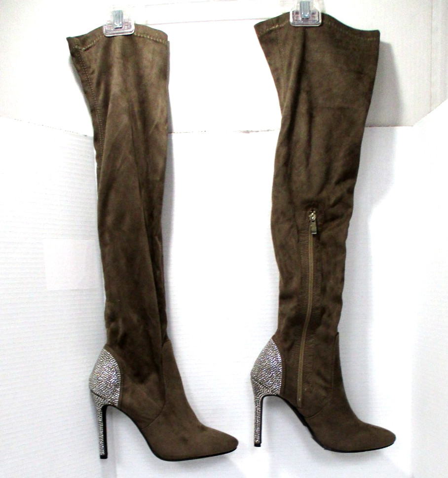 Olivia Miller Sterling Womens Size 7 Rhinestone Faux Suede Taupe High Heel Boots