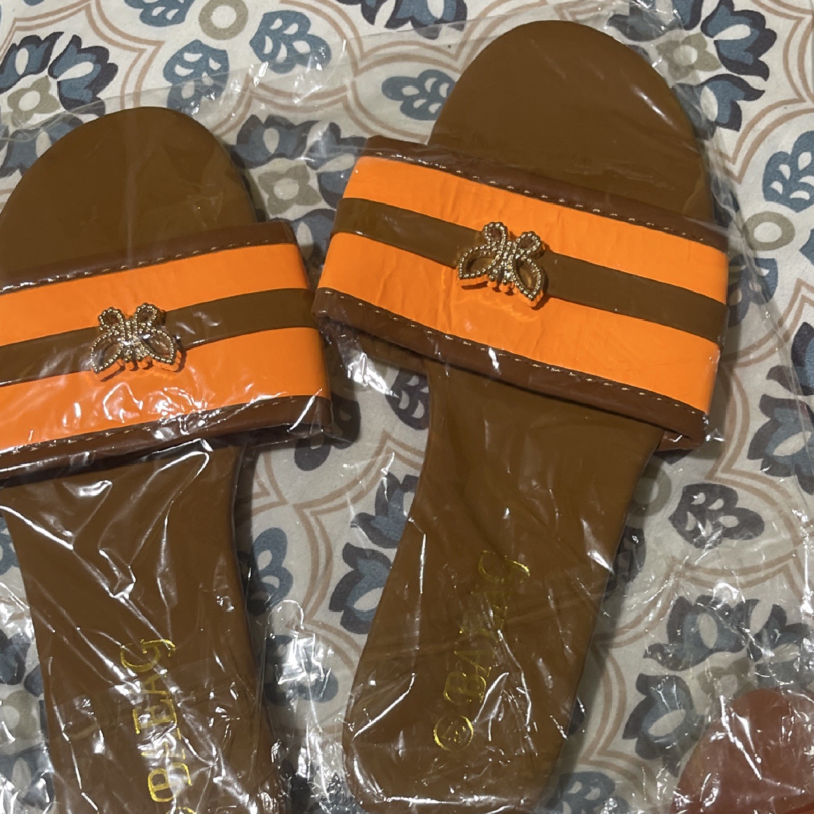 Women’s Brown/Orange Striped Logo Slide Sandals Slip-On Flat Casual Summer