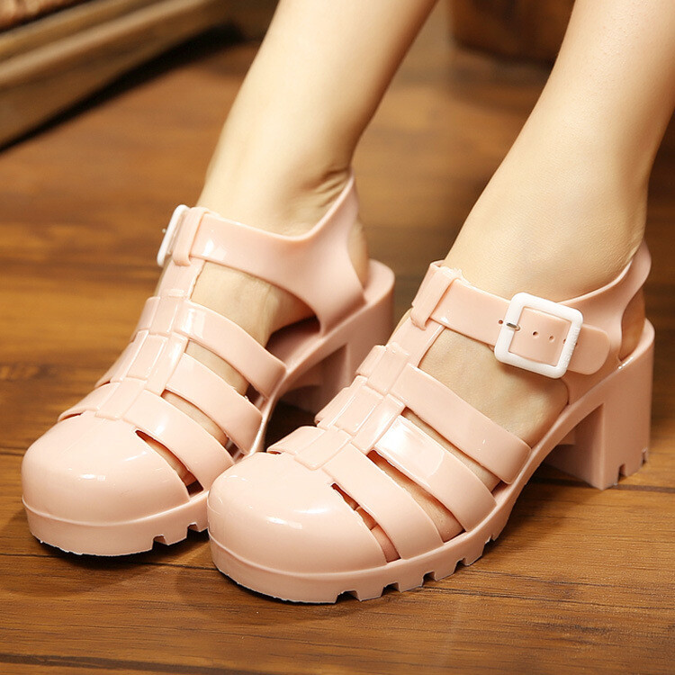 Women’s Slingback Jelly Sandals Block Mid Heels Summer Round Toe Platform Shoes