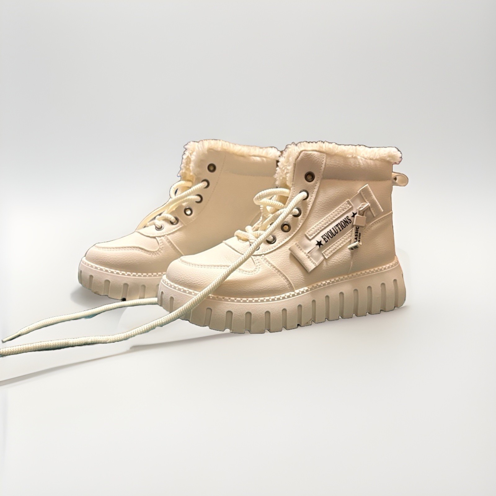 EVOLUTIONS Beige Faux Fur Lined Lace Up Ankle Bootie with Zipper Synthetic