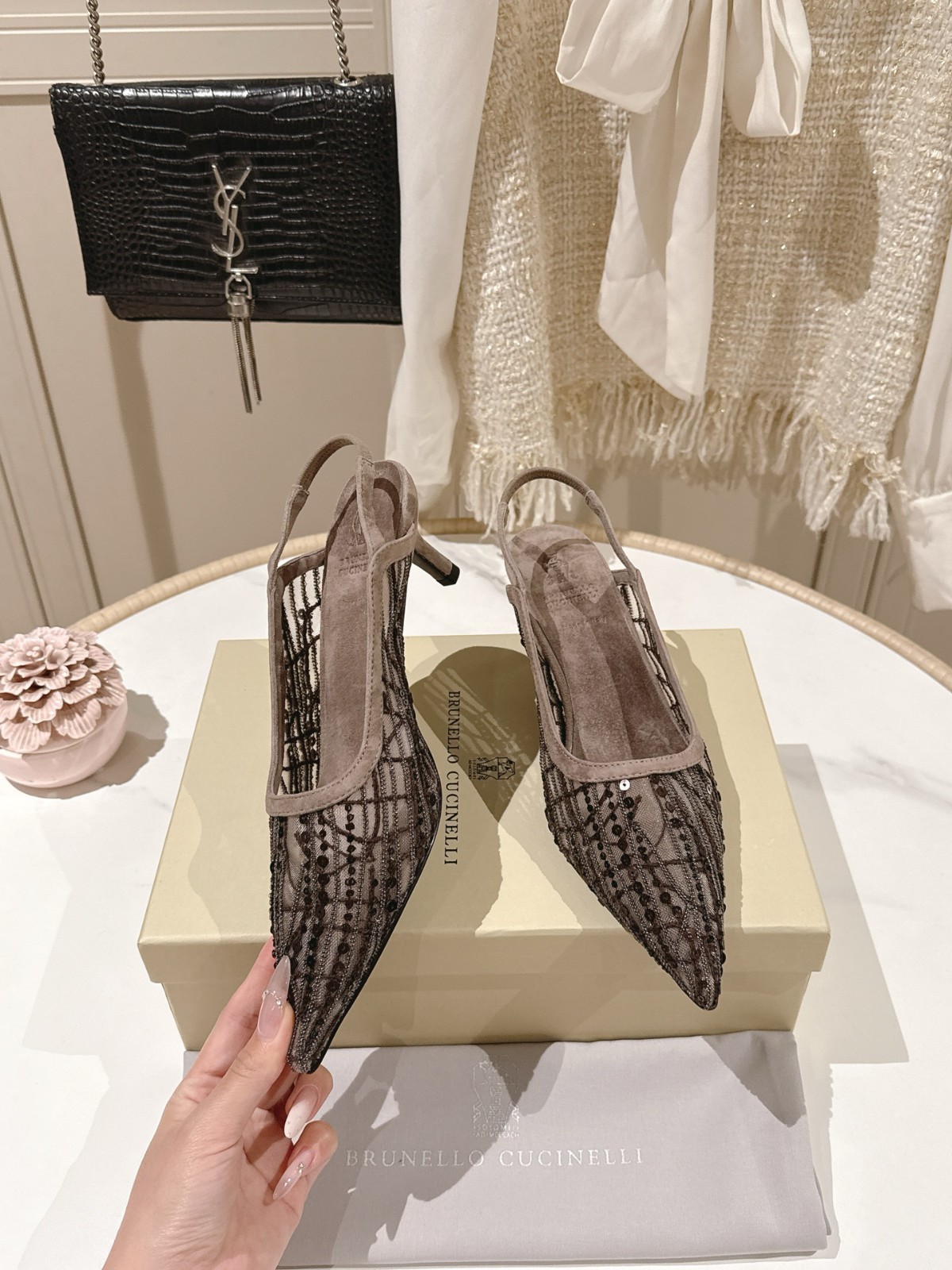 Brunello Cucinelli Luxury Womens Mesh Slingback Flats Brown Size EU 35-42