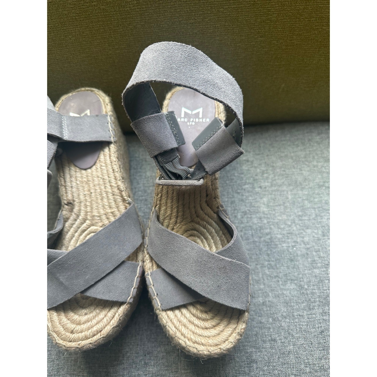 Marc Fisher LTD Adalyn Gray Suede Espadrille Wedge Sandals Platform Buckle 6.5