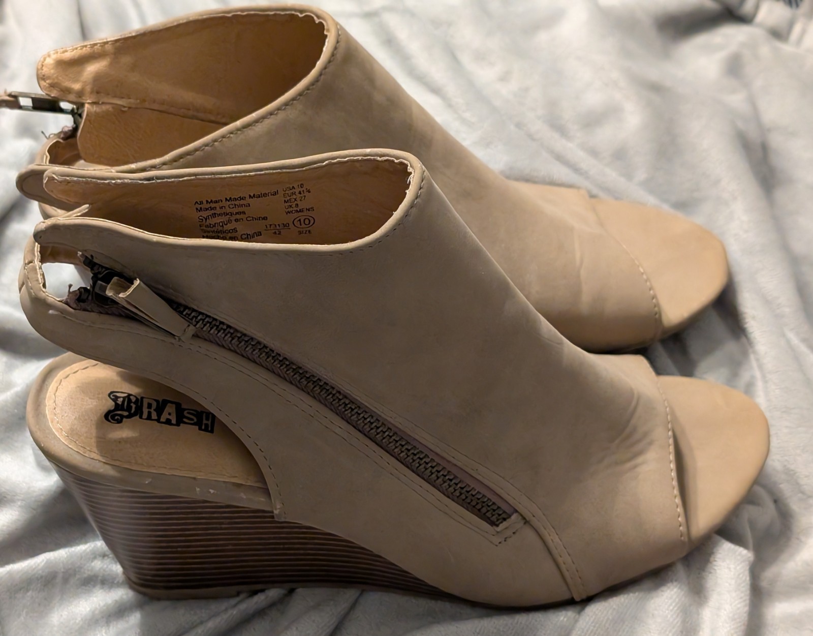 Brash Sz 10 / 41.5 Brown Zipper strap 3.5″ Wedge Heel Open Toe Sandals Shoes