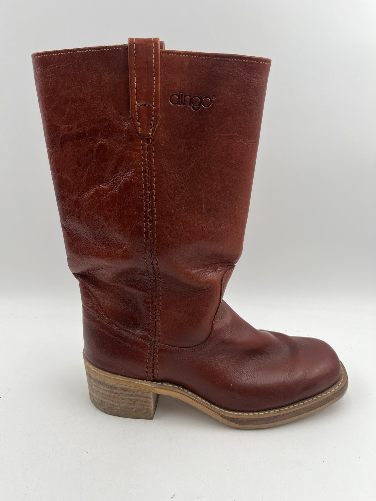 Vintage Dingo Acme Campus Womens Brown Chunky Stacked Heel Leather Boots Size 9D