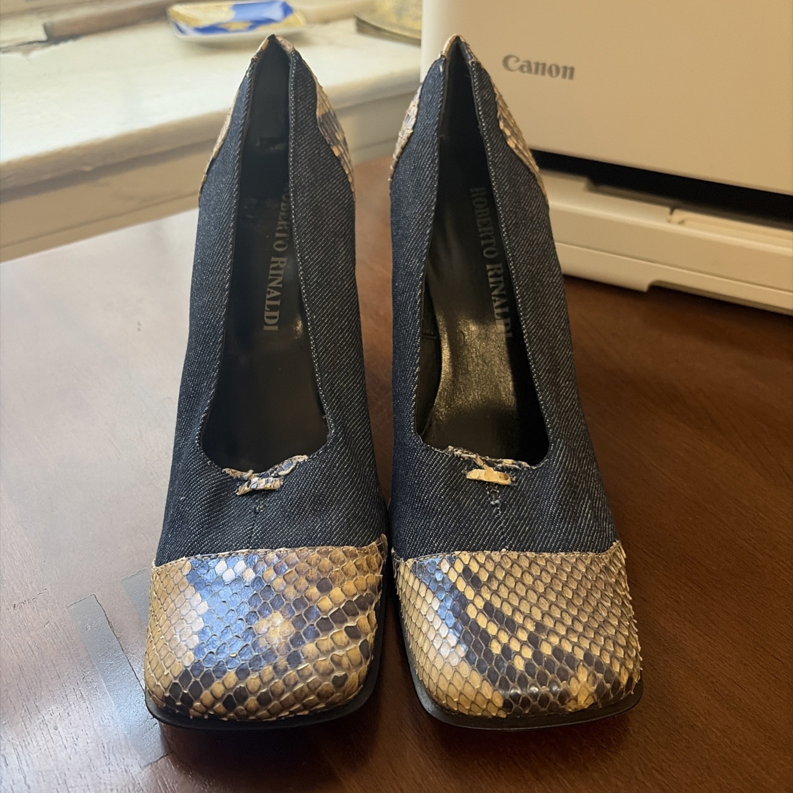 Y2K Roberto Rinaldi Square Toe Pumps SZ.38 Python Snakeskin & Denim Never Worn