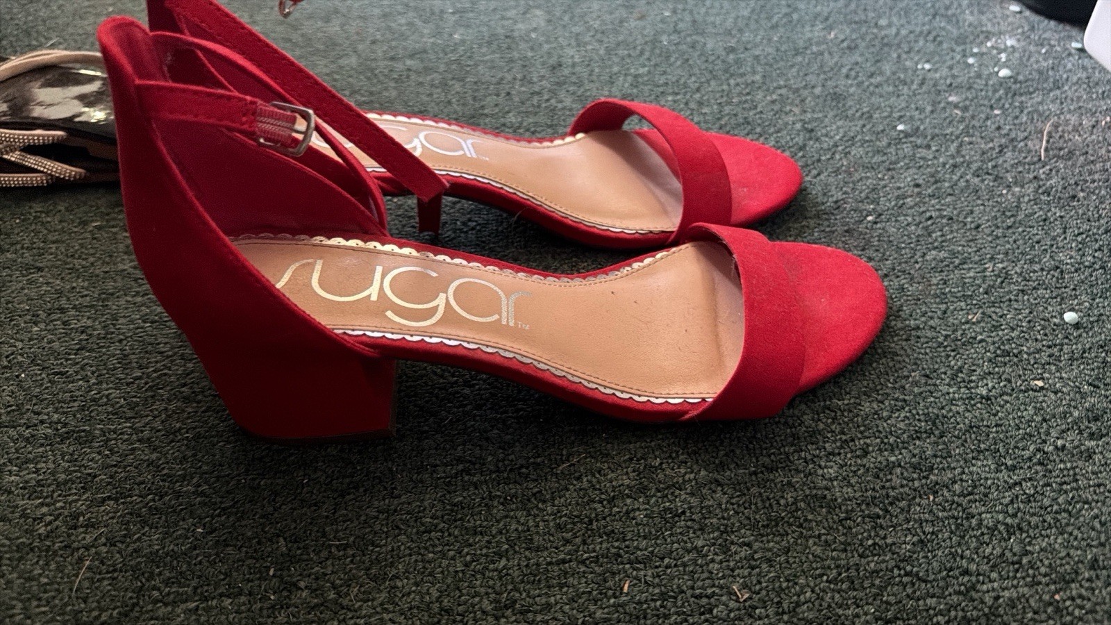Sugar Red Strappy Open Toe Ankle Strap Block Heel Buckle Faux Leather 9