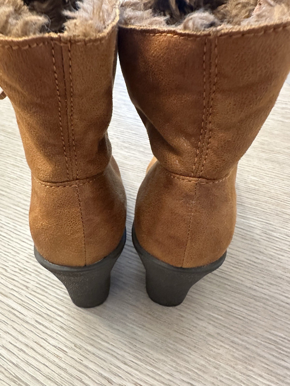 Aerosoles Brown Faux Leather Ankle Boots Faux Fur Lined Lace Up Zip Heel Booties