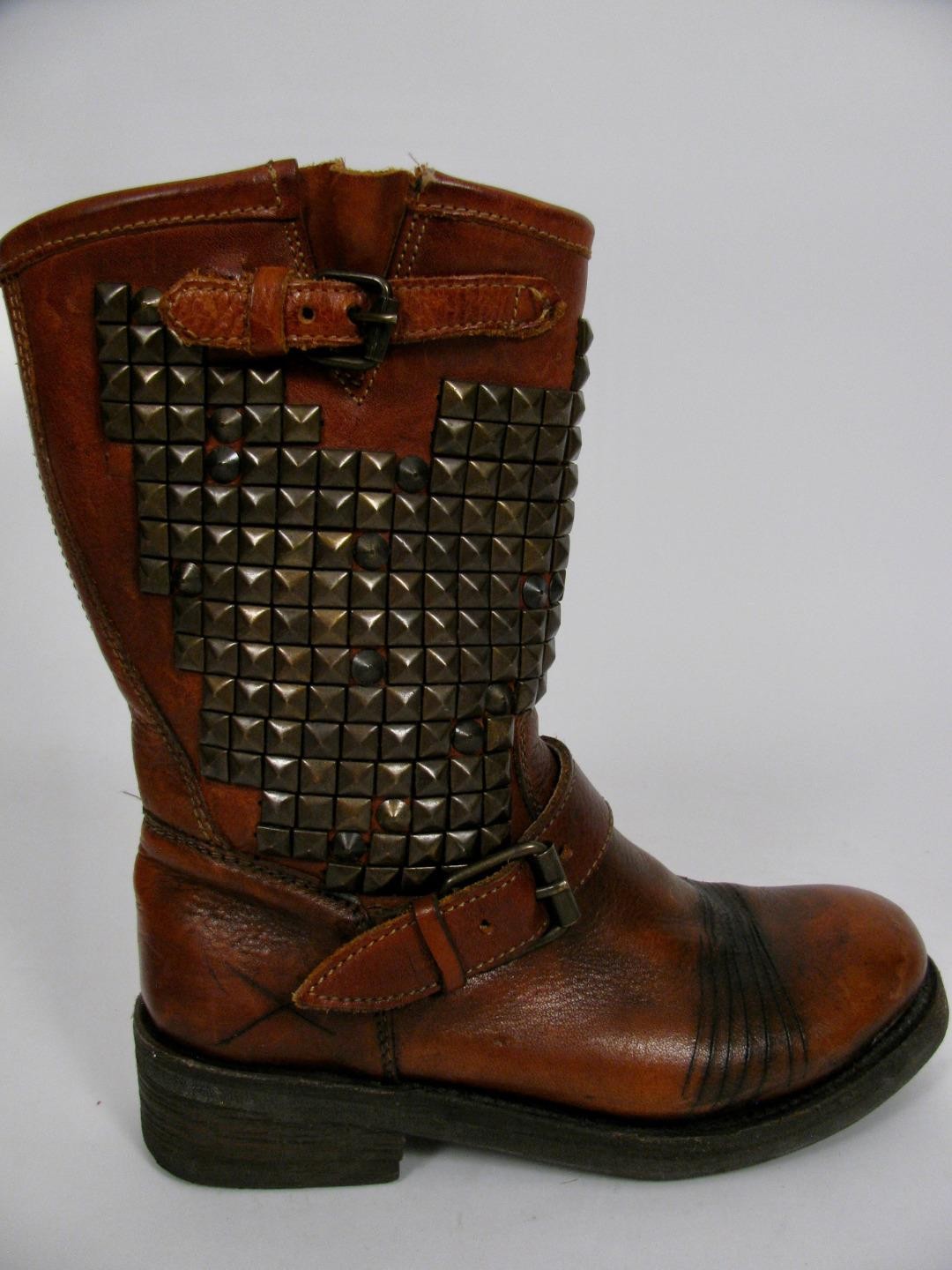 ASH BOOTS BROWN LEATHER DISTRESSED MOTO BIKER TRASH PAVONDONA STUDDED SHOES~38.5