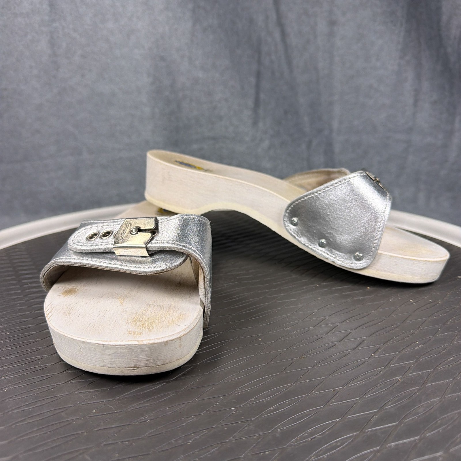 Dr Scholls Original Sandals Womens 6.5 Silver Platform Slides Buckle