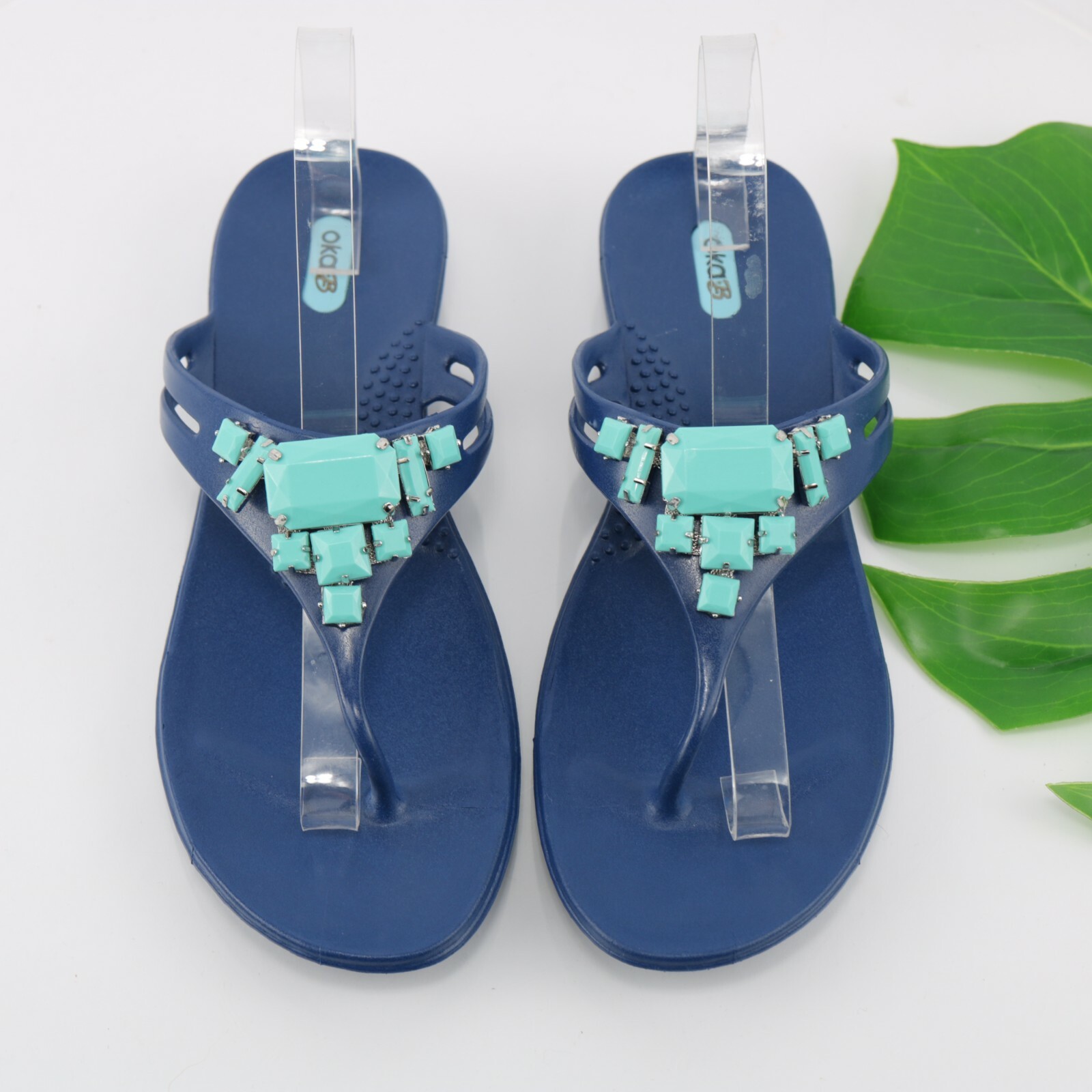 Oka B Womens Sandal Size L 10 Navy Blue Thong Turquoise Beaded Jelly Slide Flat
