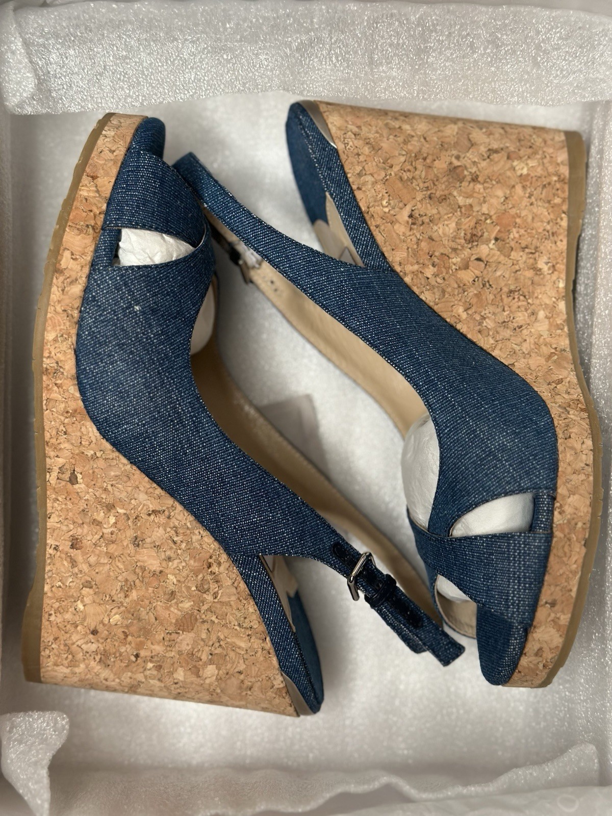 Jimmy Choo Denim Wedge Slingback Sandals Blue EU 38 US 8 | NIB