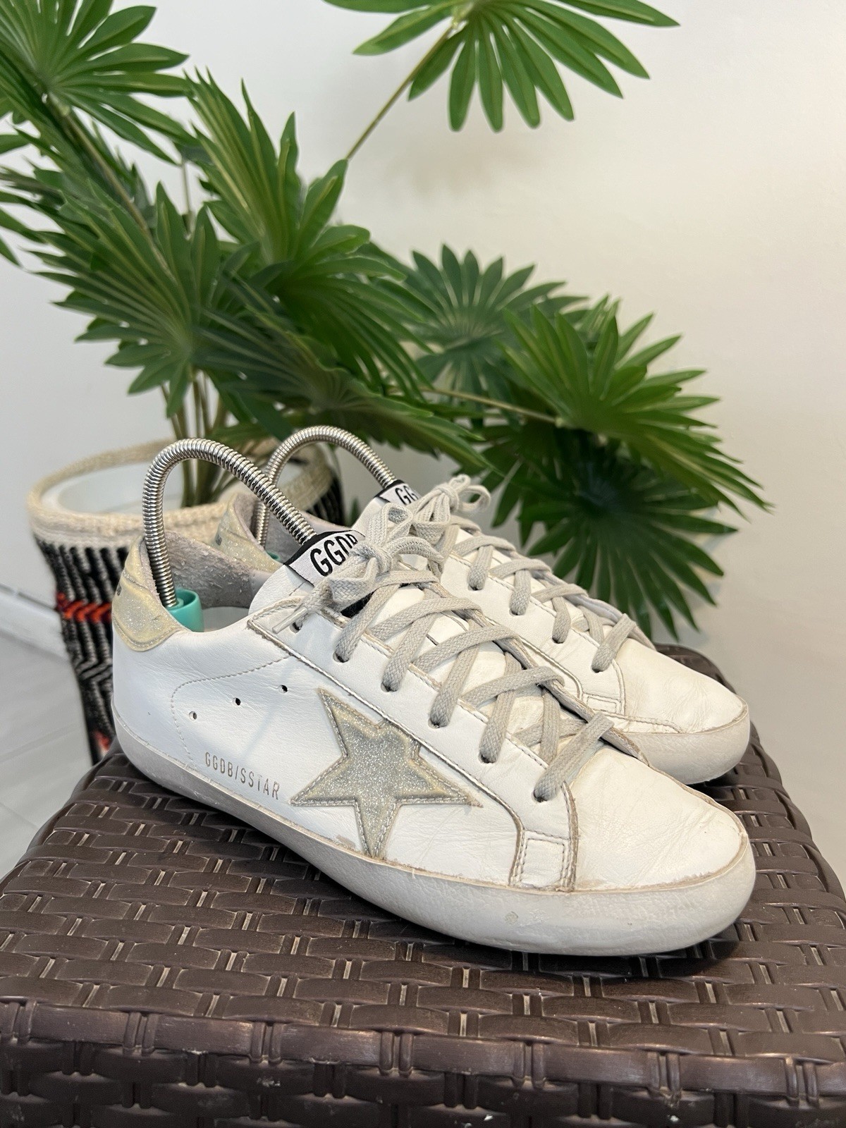 Golden Goose White/Green Leather And Suede Superstar Sneakers US 6.5