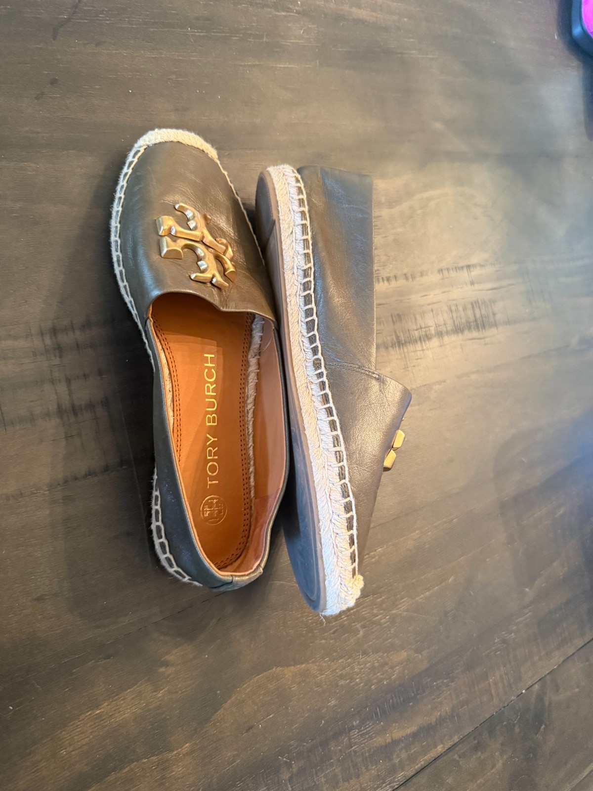 Tory Burch Women’s Green Leather Eleanor Tonal Logo Espadrilles Shoes Size 7