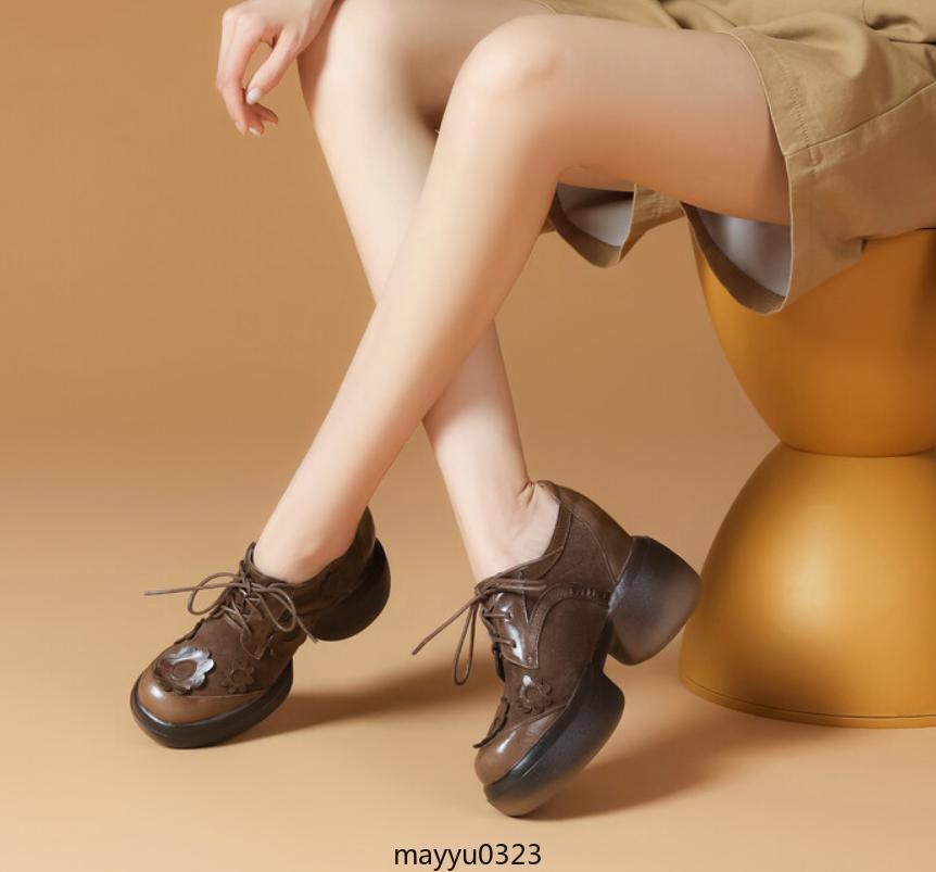 Womens Floral Lace Up Leather Mid Chunky Heel Round Toe Platform Casual Shoes