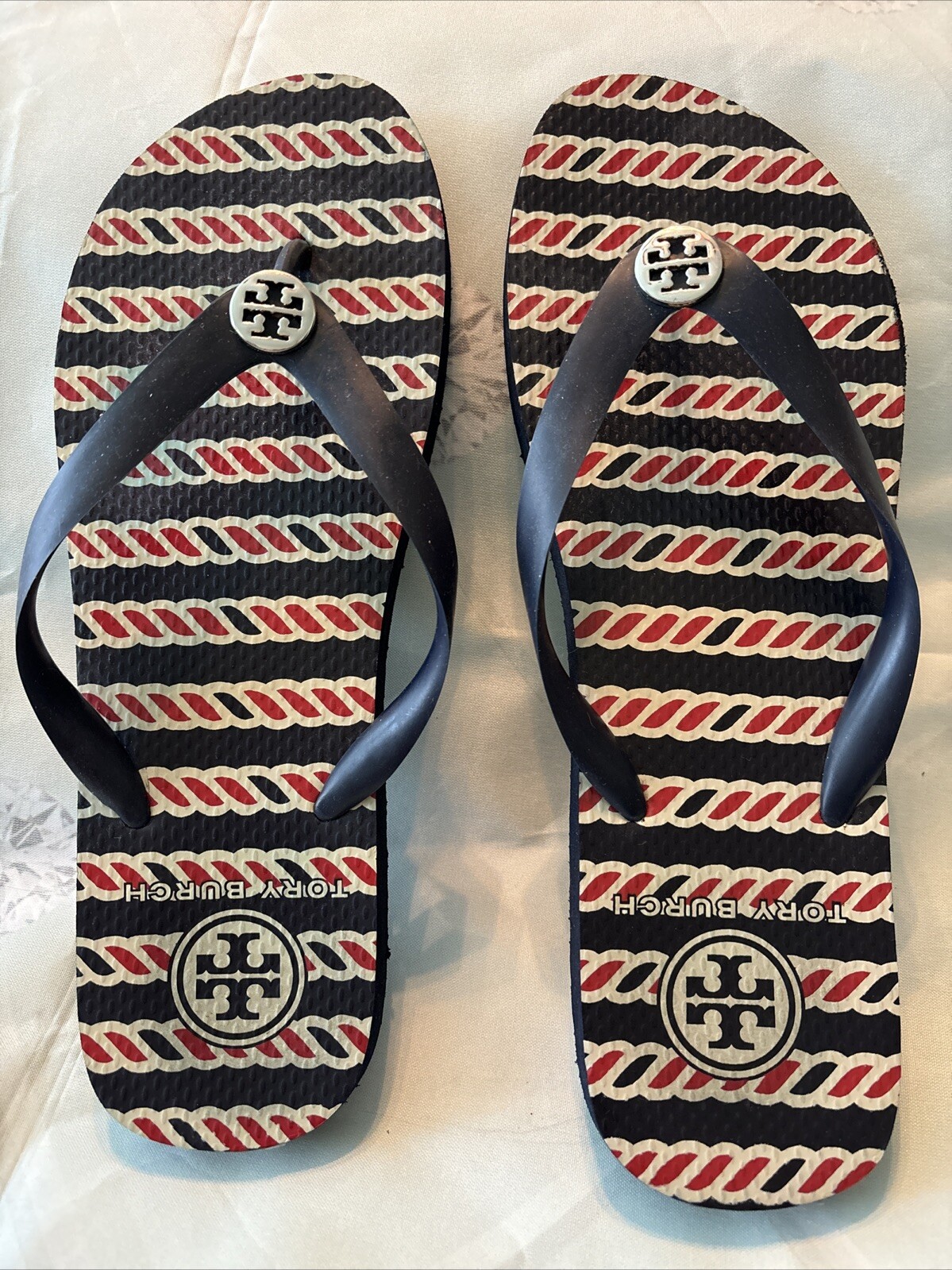 TORY BURCH Signature Red/white/blue Flip Flop Sandals Sz 9 Left Sz 10 Right
