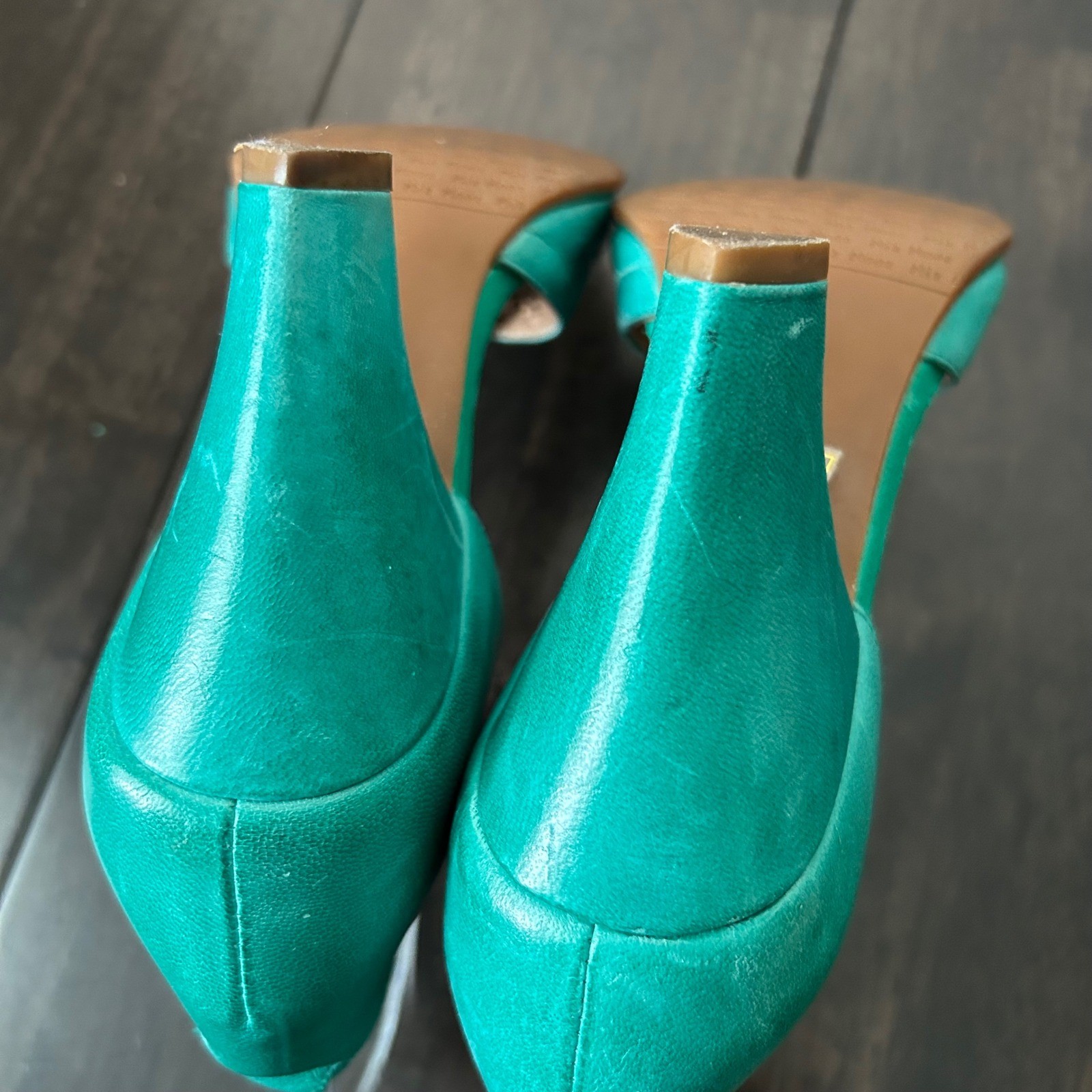 Miz Mooz Teal Leather Laser Cut Scalloped Ankle Strap D’Orsay Cone Heels 7