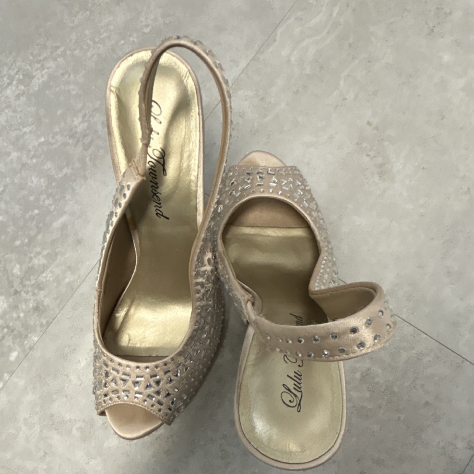 Lulu Townsend Beige Rhinestone Slingback Peep Toe Stiletto Heels Fabric Size 7
