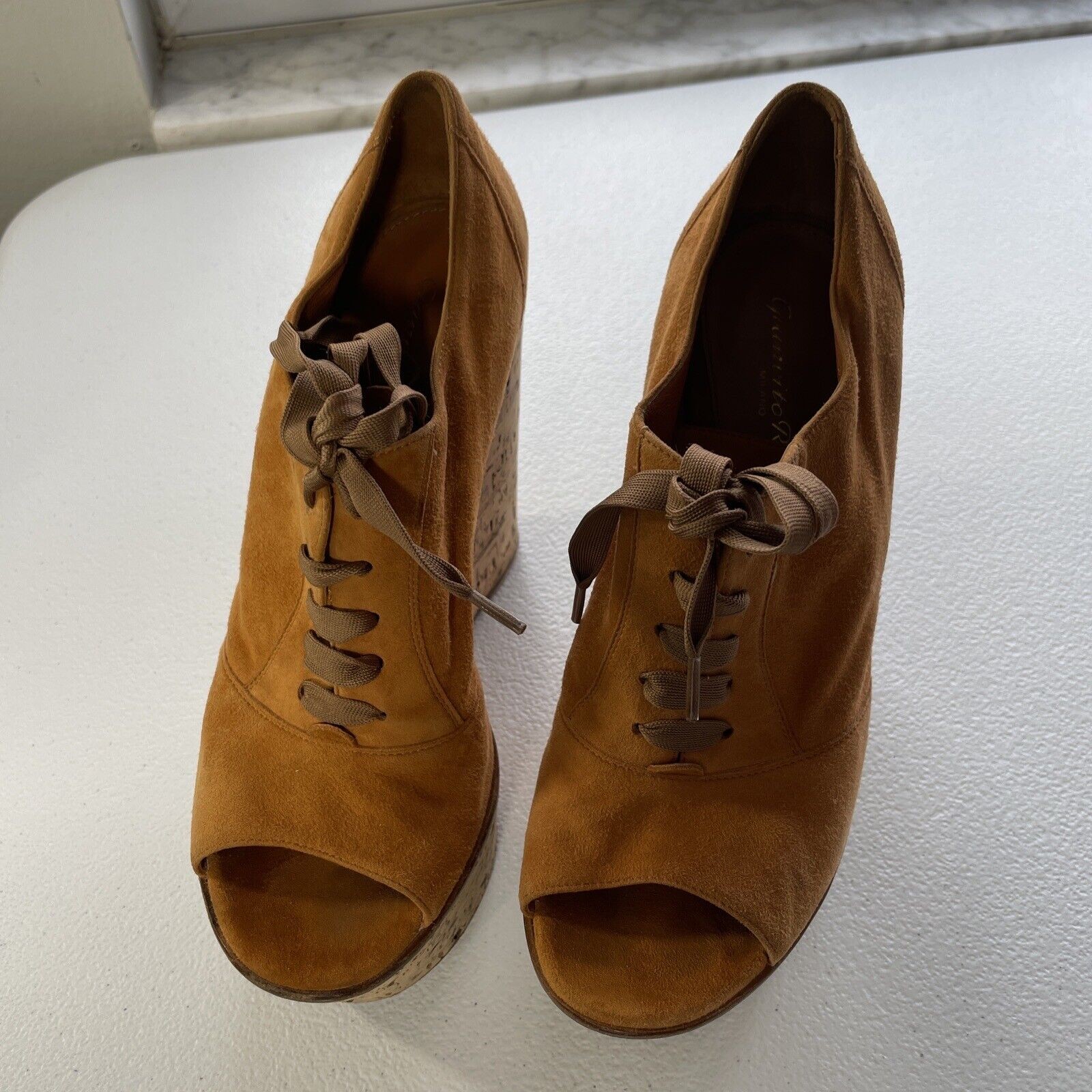 Gianvito Rossi Suede Cork Open Toe Lace Up Platform Shoes Orange/Beige Womens 37