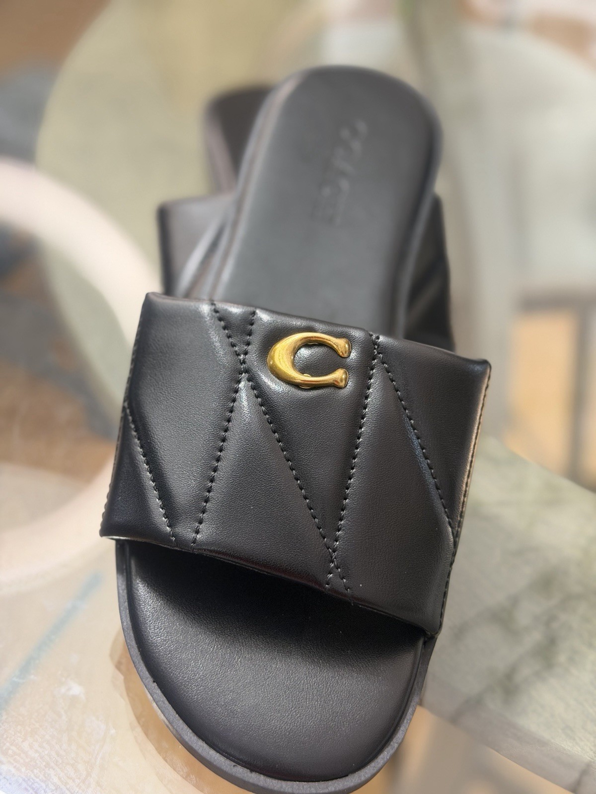 Coach Women’s Black Leather Quilted Logo Slip-On Slide Sandals Casual EU 39