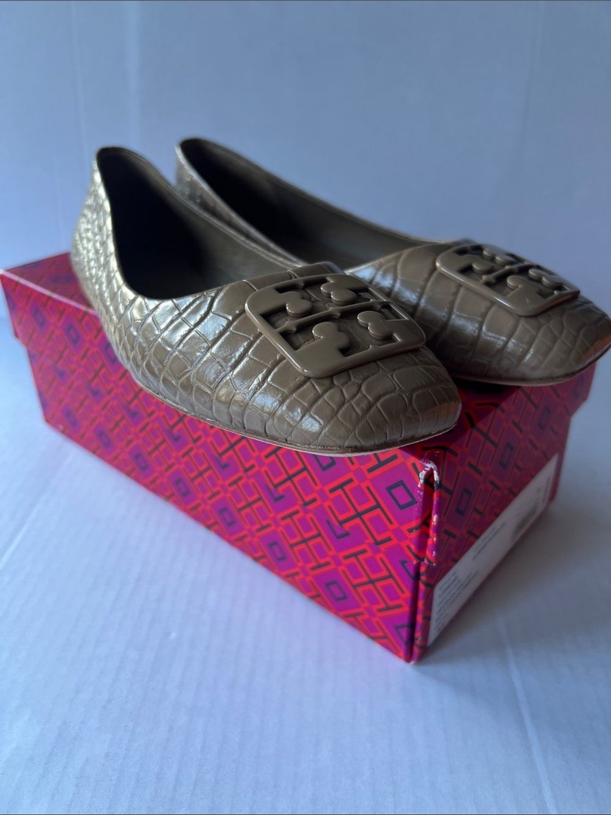 Tory Burch Taupe Croc-Embossed Logo Square-Toe Ballet Flats