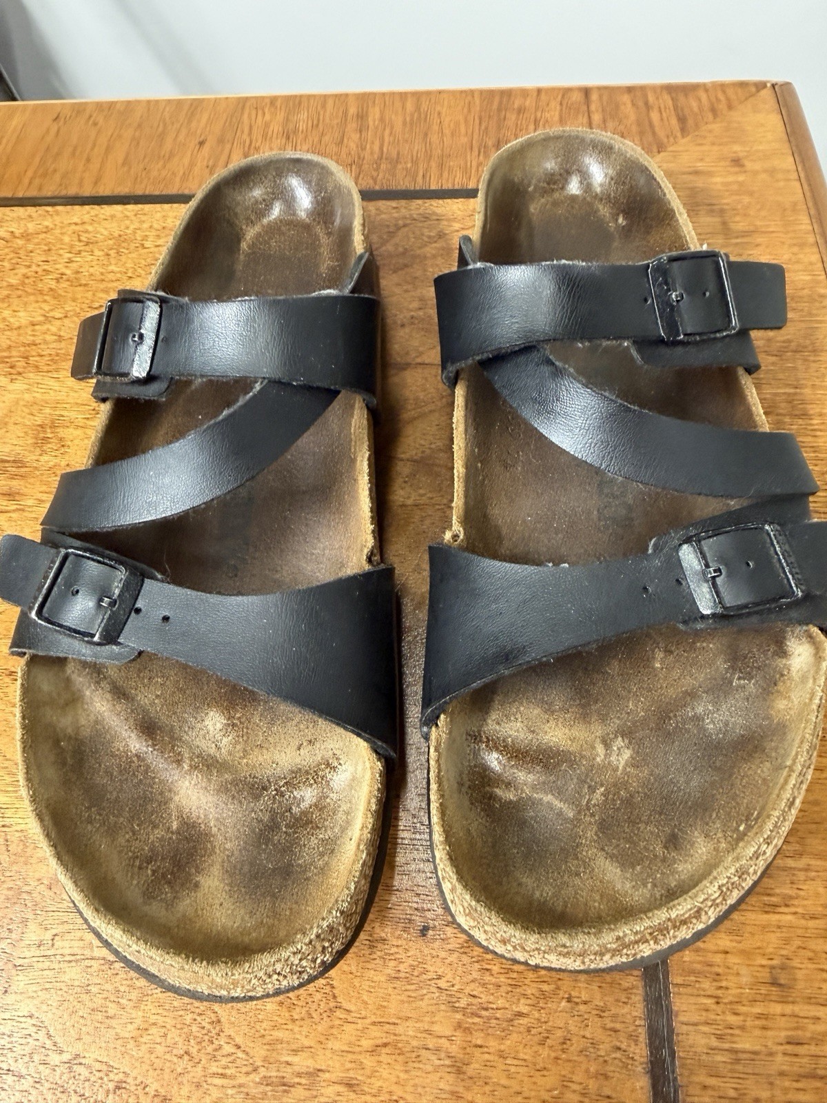 Birkenstock Women’s 40 Mayari Sandals Black Strappy Thong Cork Footbed READ