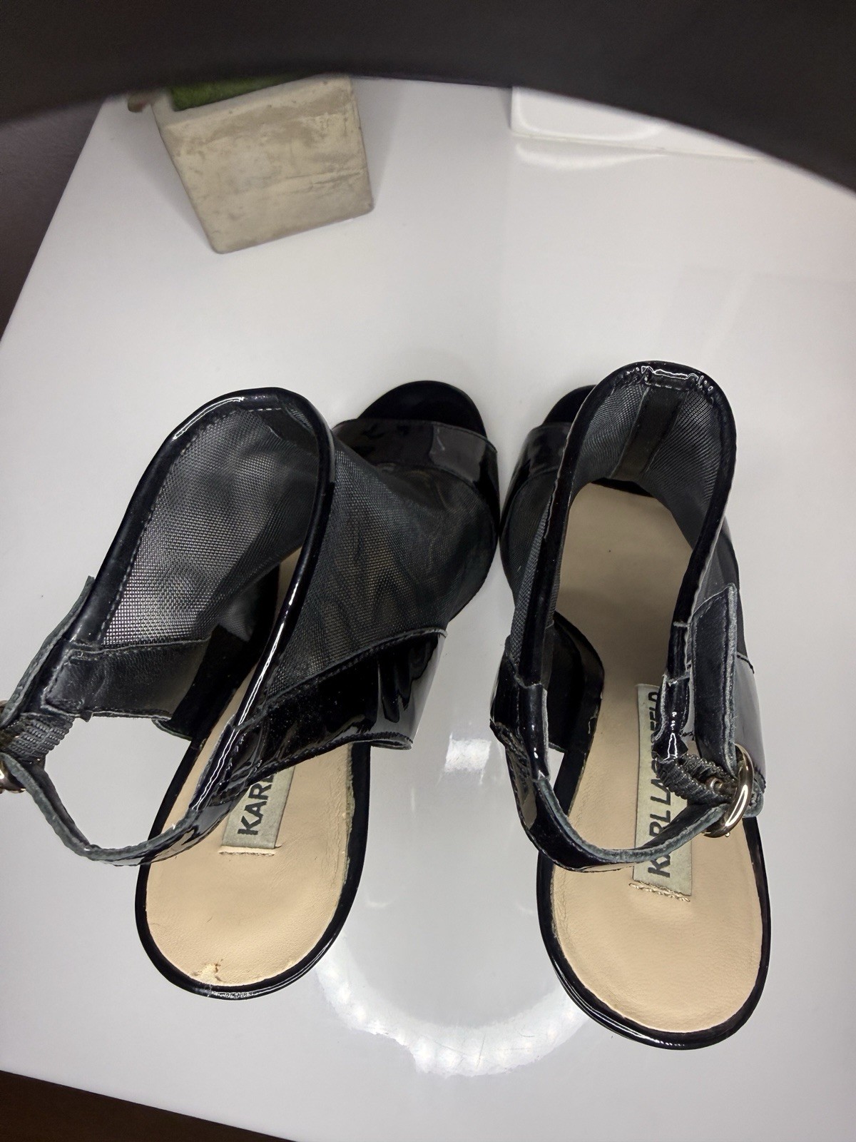 Karl Lagerfeld Black Mesh Peep-Toe Heels Women’s Size 7.5 Preowned Very Good