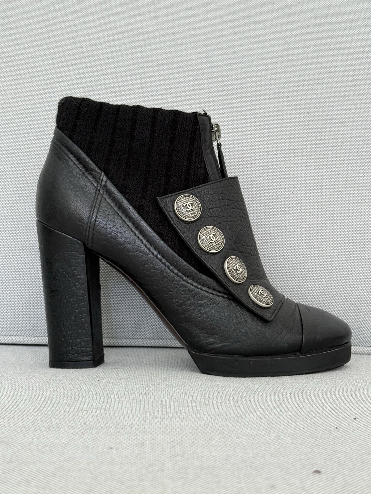 Chanel Paris-Edinburgh Black Pebbled Calfskin Leather/Knit Ankle Boots 37.5