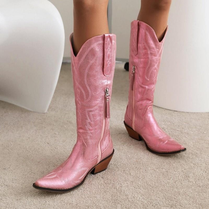 Occident Women’s Pointed Mid Calf Boots Cowboy Western Formal Casual Party Shoes