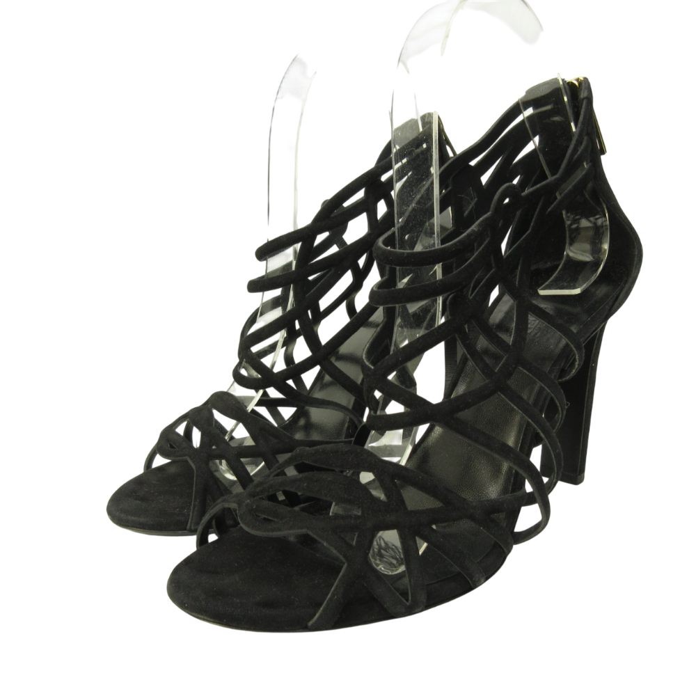 HERMES Good Condition Sandals Shoes High Heels Suede 37 24.0cm Black 0122 ■MNK4
