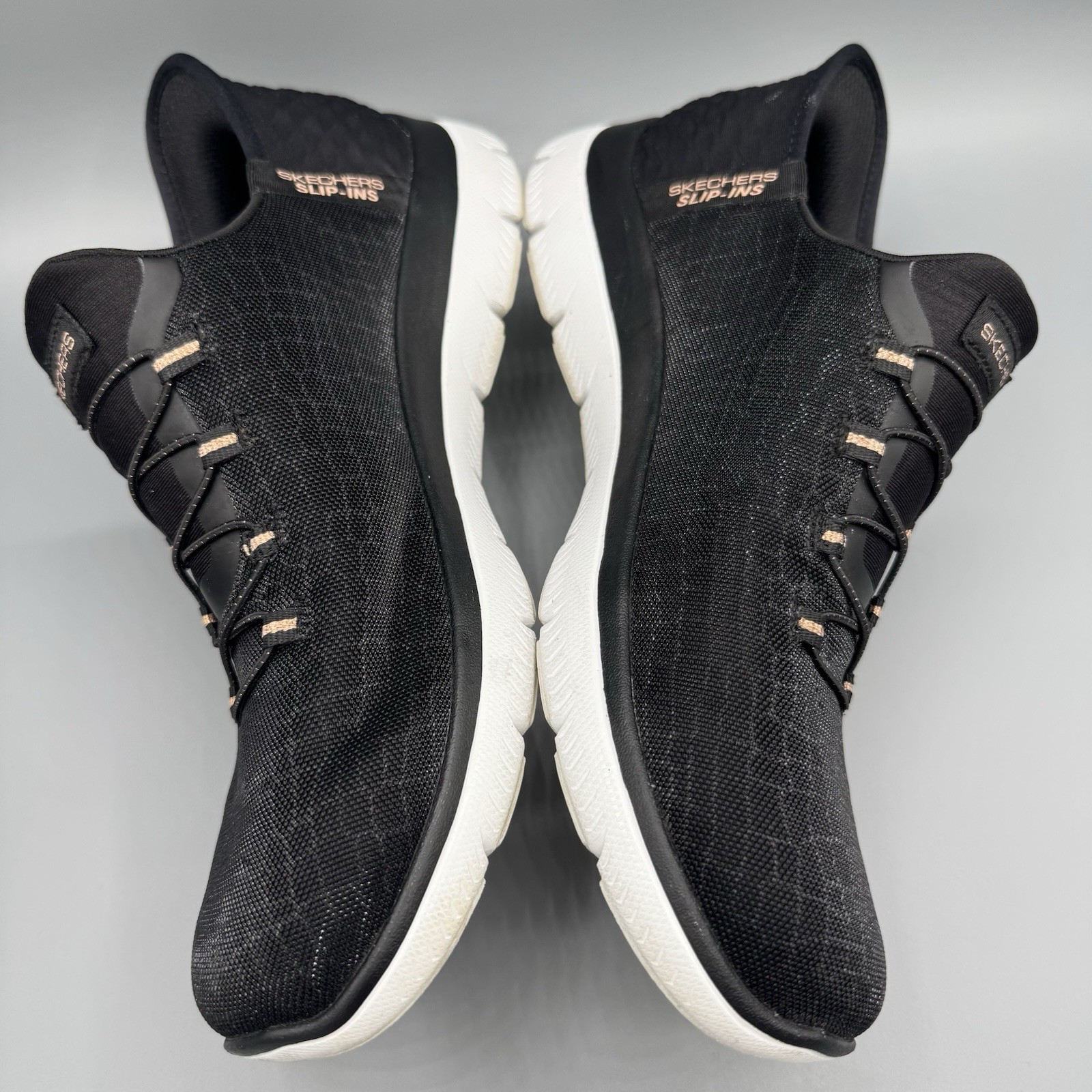 SKECHERS SUMMITS CLASSY NIGHT SZ 9 HANDS FREE SLIP-INS SNEAKERS BLACK ROSE GOLD