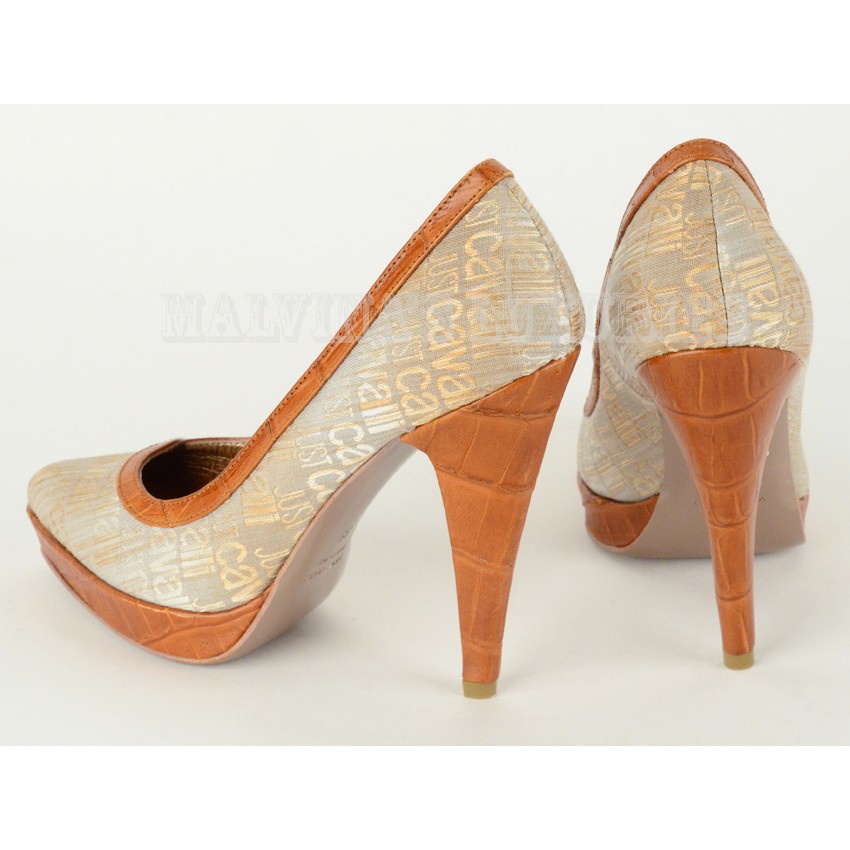 JUST CAVALLI BY ROBERTO CAVALLI SHOES LOGO SIGNATURE PUMPS CANVAS & LEATHER 35 5