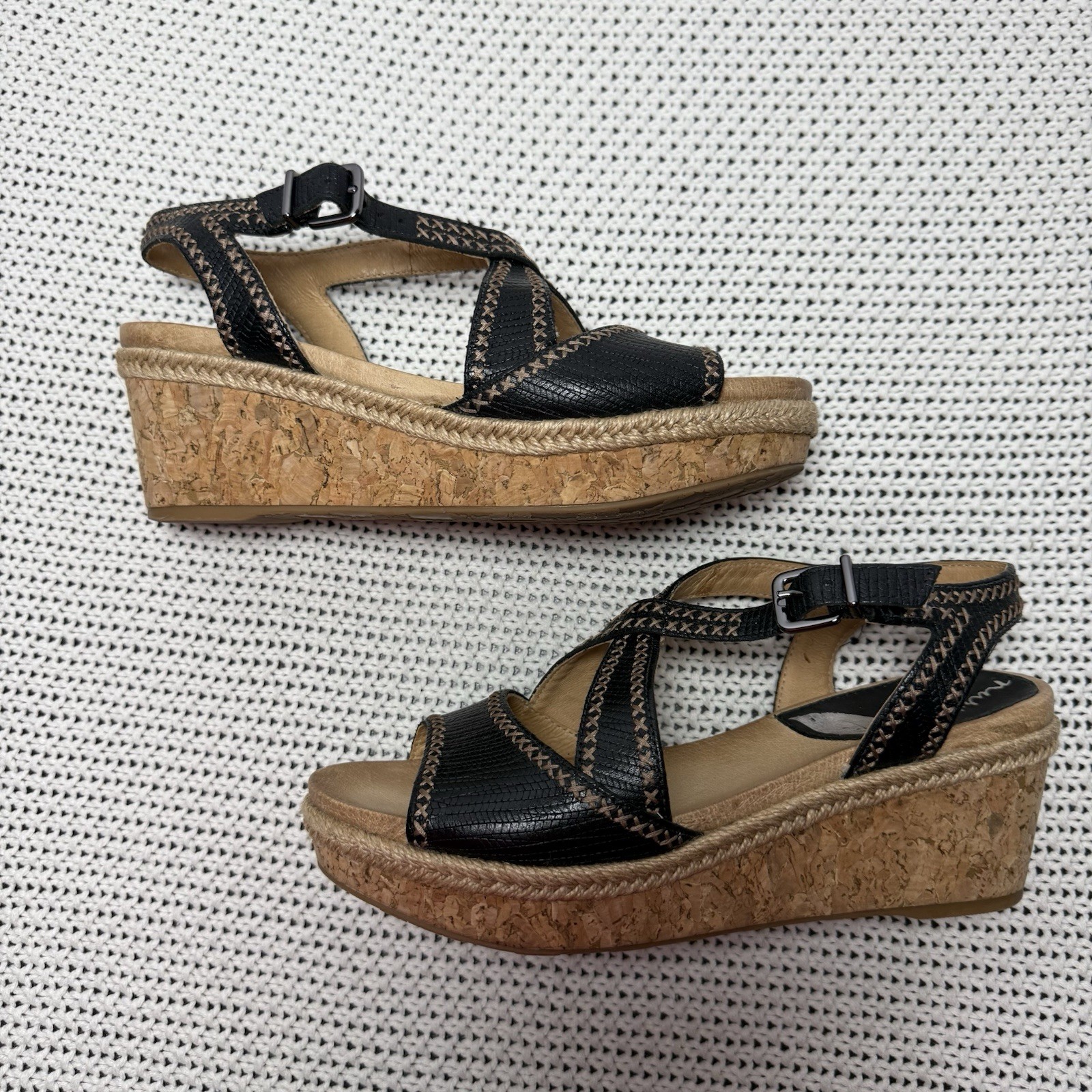 NURTURE Women 6.5 LILITHE Cork Wedge Sandals Heel Black Leather Stitch Platform