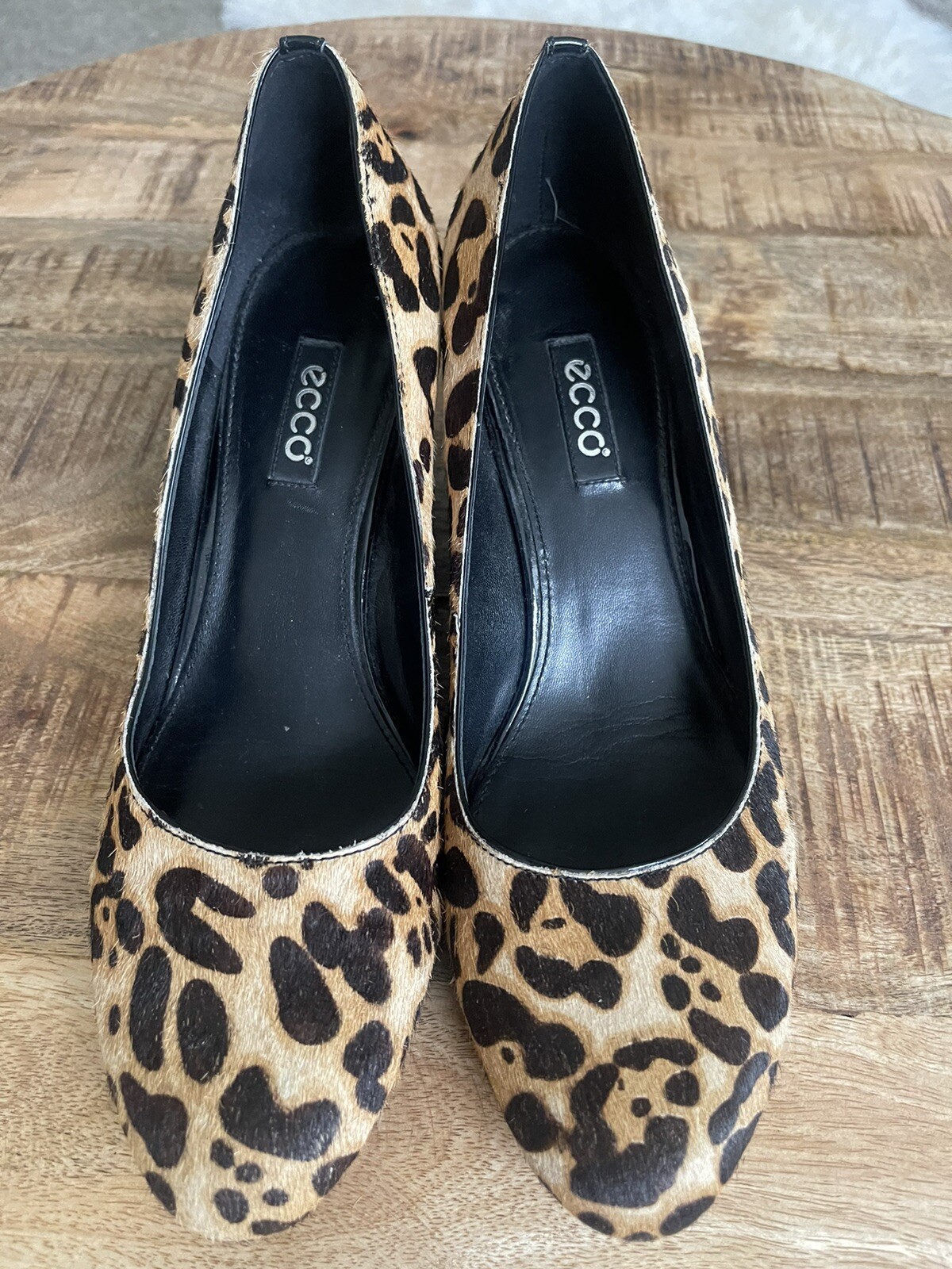 ECCO Beige Brown Real Cow Fur Hair CHEETAH Print Wedge High Heels SZ 41 or 10