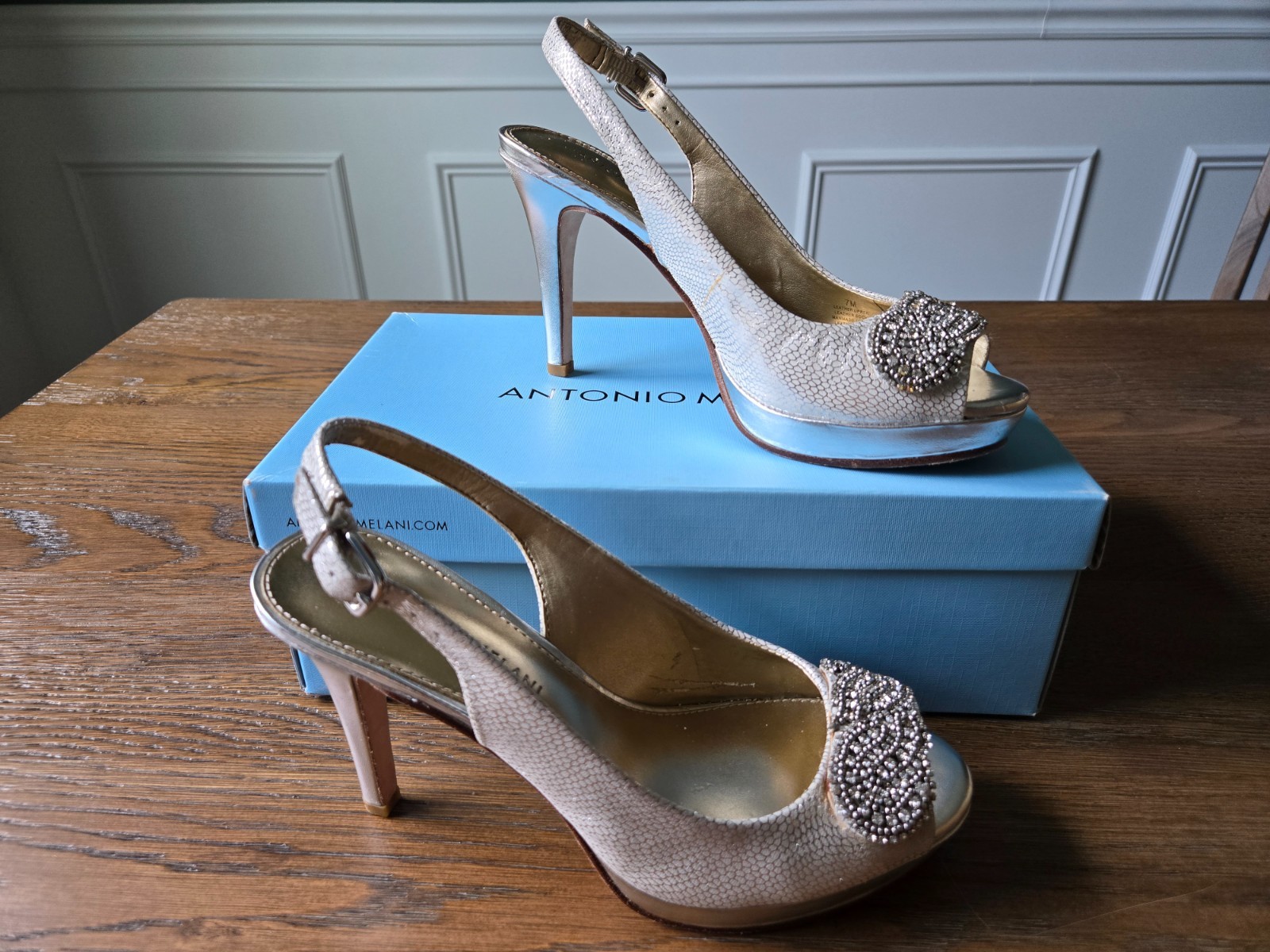 Antonio Melani Silver Sierra Sling Back Jeweled 4″ Heels – 7M