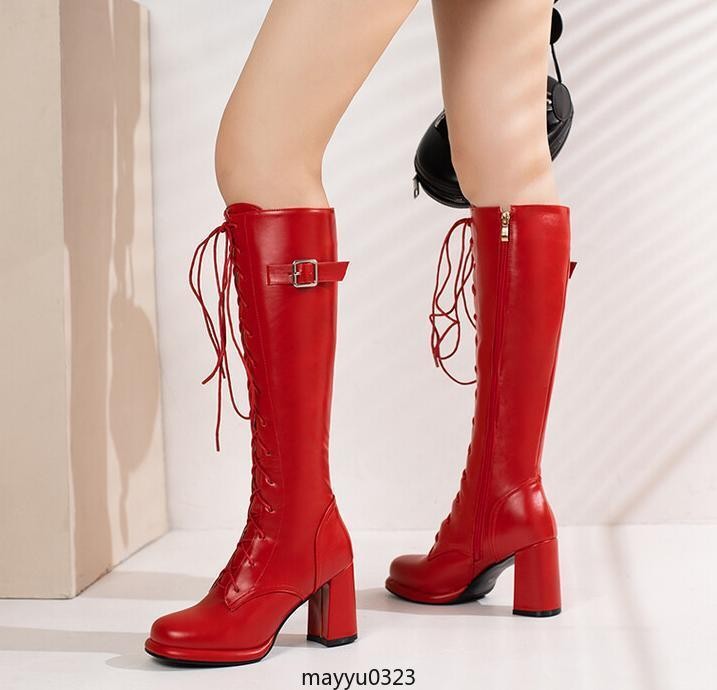 Round Toe Chunky High Heel Platform Buckle Lace-up Zip Knee High Boots Shoes New