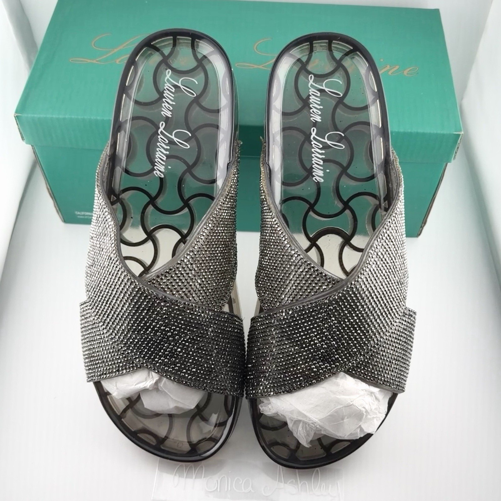 Lauren Lorraine Womens 10 Black Silver Jeweled Jelly Slides Slip On Sandals NEW
