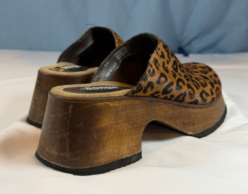 Womens 9 Bongo Leopard Platform Clog Mules Wood Slip On Shoes Y2K Vintage Rare
