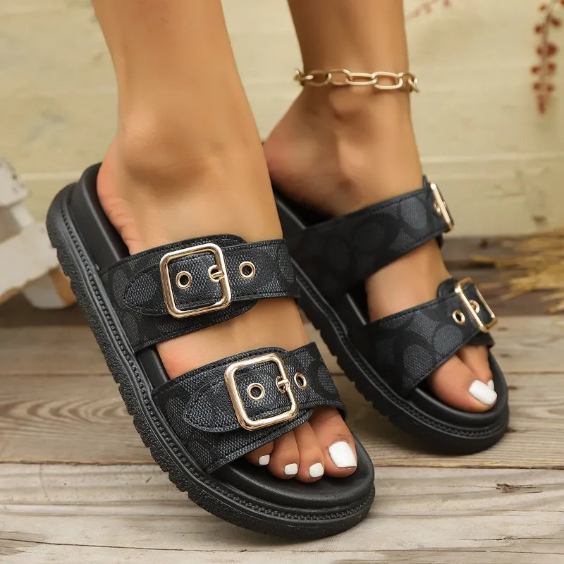 Womens Thick Sole Metal Buckle Slides EVA Cushion Slippers Designer Style Sandal