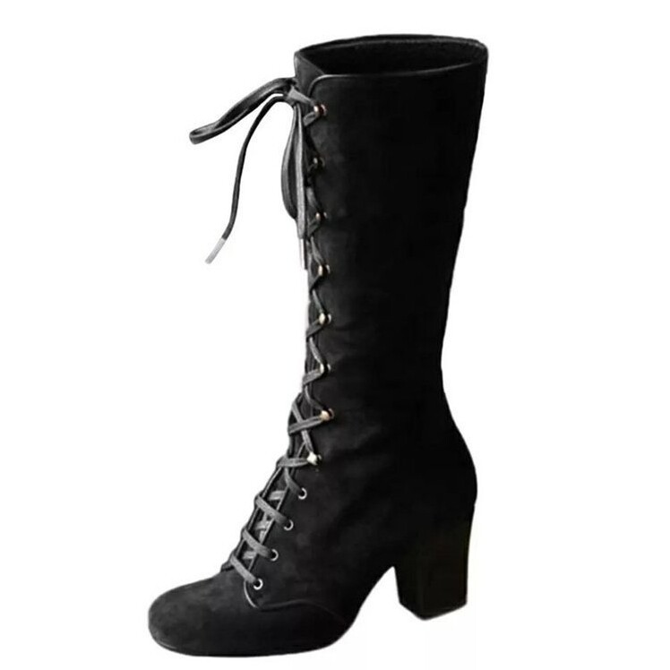 Retro Block Heels Womens Knee High Boots Steampunk Gothic Shoes Lace Up Booties