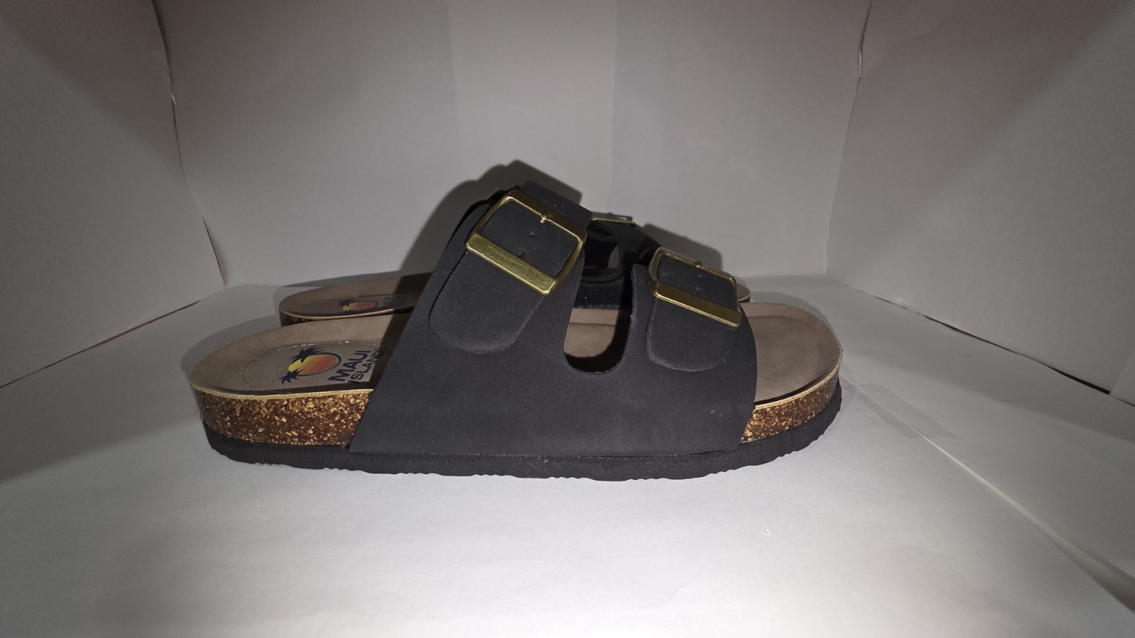 Maui Island Women’s Black 2-Buckle Adjustable Slide Sandals Faux Leather 10M