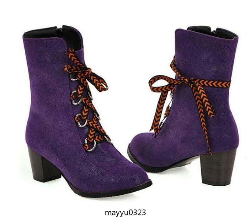 Womens Round Toe Lace Up Denim Ankle Boots Zip Block Mid Heels Oversize Vintage