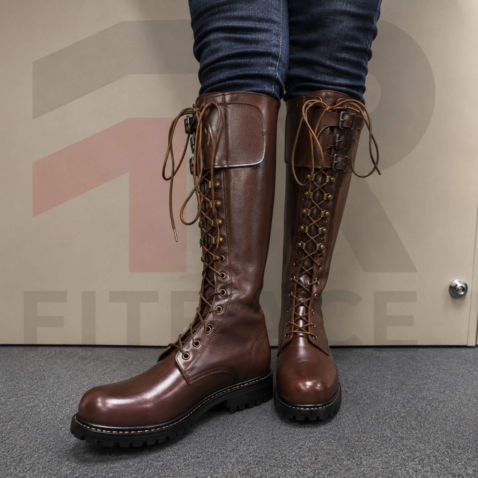 Handmade Men’s Brown Leather Lace Up Boots Military Style Rubber Sole Long Boot