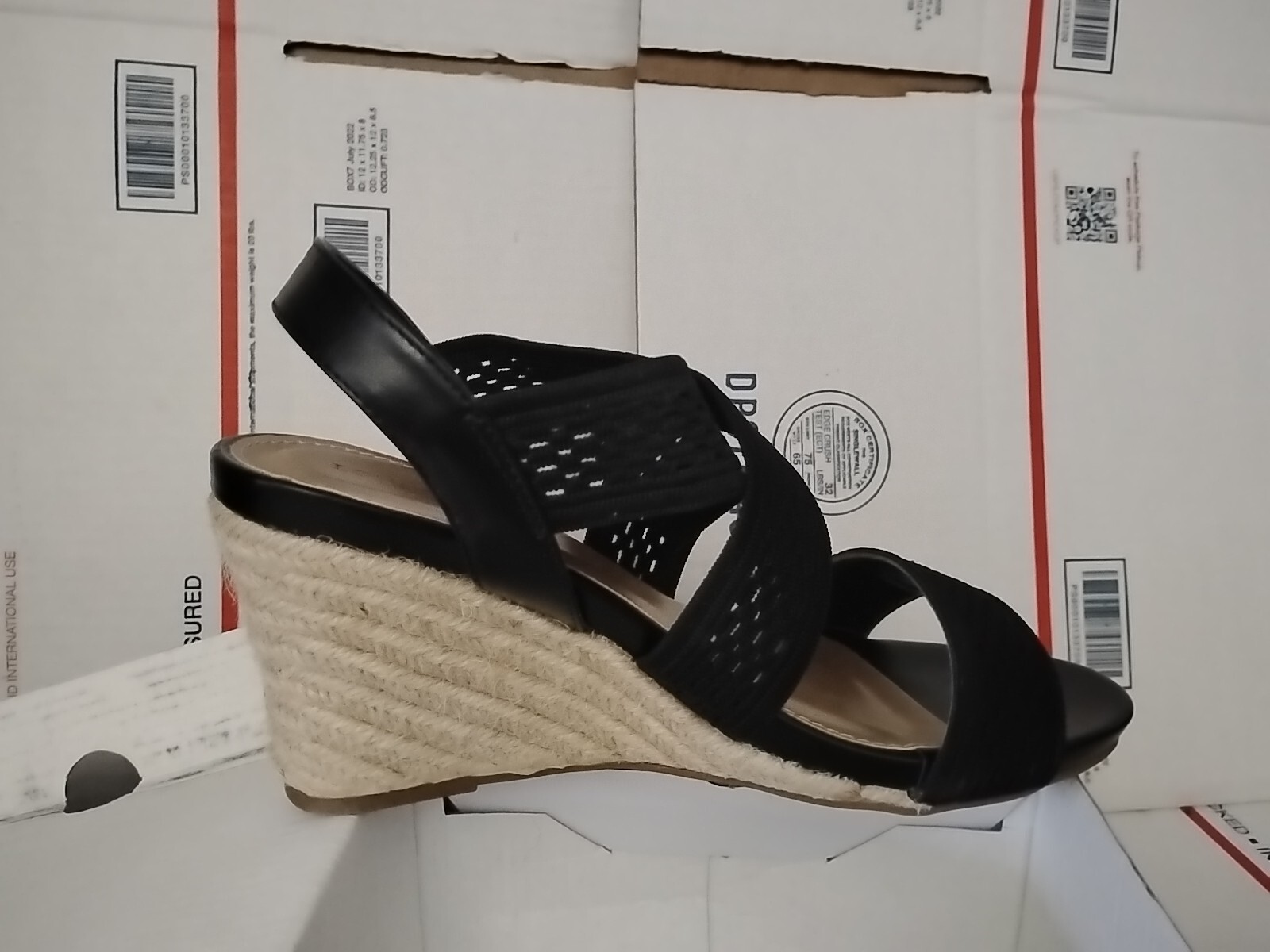 “London Fog” size 10 M , Woven Textile Sandals Pickwick BLACK Wedge Heel #00t